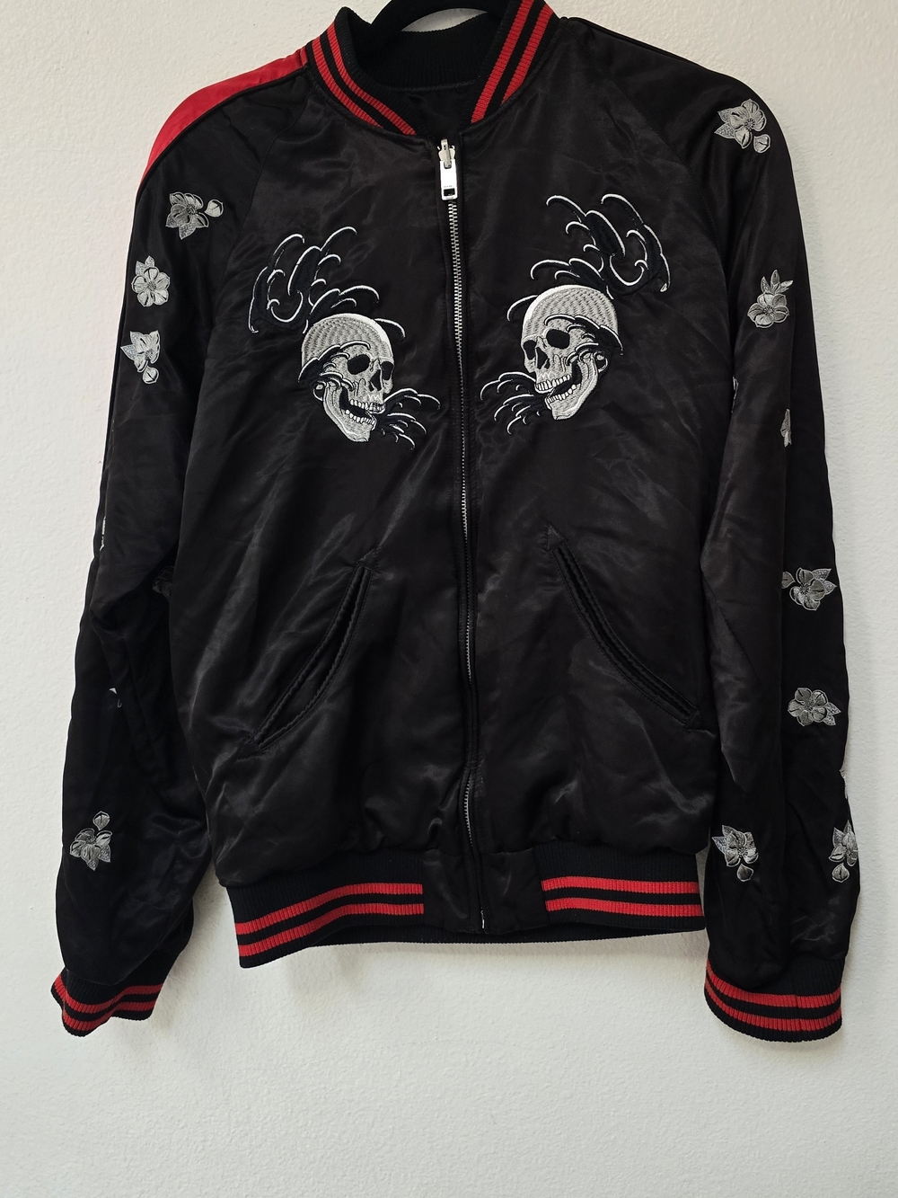 Diesel Black Bomber Jacket with Red Trim and White Skull Embroidery